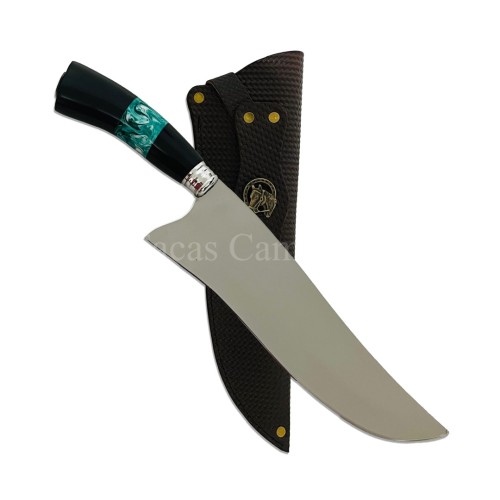 Faca Picanheira Aço Inox 3mm Cabo Chifre, Resina Verde, Chifre Faca Picanheira Aço Inox 3mm Cabo Chifre, Resina Verde, Chifre