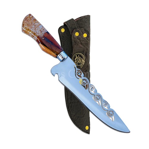 Faca Picanheira Tribal Vazado Aço Inox 3mm Cabo Híbrido Dourado 