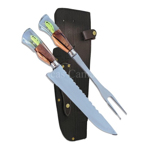 Kit Duplo Faca + Garfo Aço Inox 2mm Cabo Híbrido Peixe 