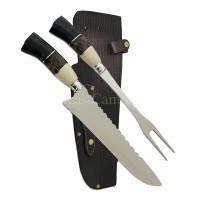 Kit Duplo Faca + Garfo Aço Inox 2mm Cabo Chifre, Resina Roxo Com Dourado, Osso, Anelado