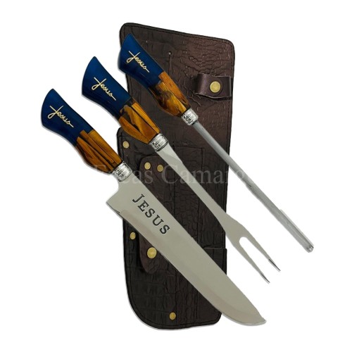 Kit Triplo Faca + Chaira + Garfo Jesus Vazado Aço Inox 3mm Cabo Híbrido Kit Triplo Faca + Chaira + Garfo Jesus Vazado Aço Inox 3mm Cabo Híbrido