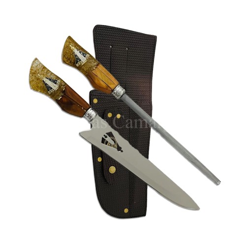 Kit Conjunto Faca + Chaira Santa Vazado Aço Inox 3mm Cabo Hibrido Dourada
