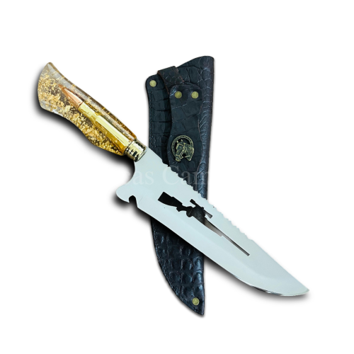 Faca Picanheira Sniper Vazado Aço Inox 3mm Cabo Resina Bala .50