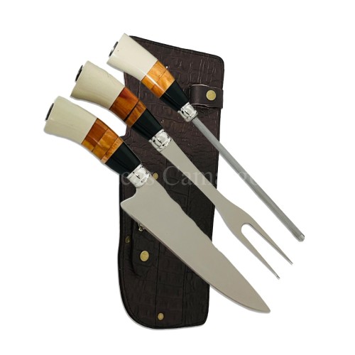 Kit Triplo Faca + Chaira + Garfo Aço Inox 2mm Cabo Chifre, Madeira Nó De Pinho, Osso Kit Triplo Faca + Chaira + Garfo Aço Inox 2mm Cabo Chifre, Madeira Nó De Pinho, Osso