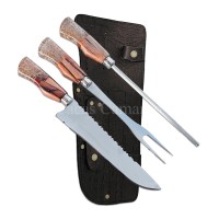 Kit Triplo Faca + Chaira + Garfo Aço Inox 2mm Cabo Híbrido Dourada 