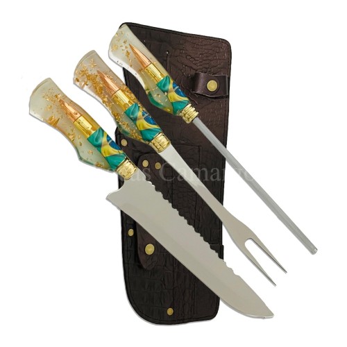 Kit Triplo Faca + Chaira + Garfo Aço Inox 3mm Cabo Resina Bala .50 Bandeira Do Brasil Kit Triplo Faca + Chaira + Garfo Aço Inox 3mm Cabo Resina Bala .50 Bandeira Do Brasil