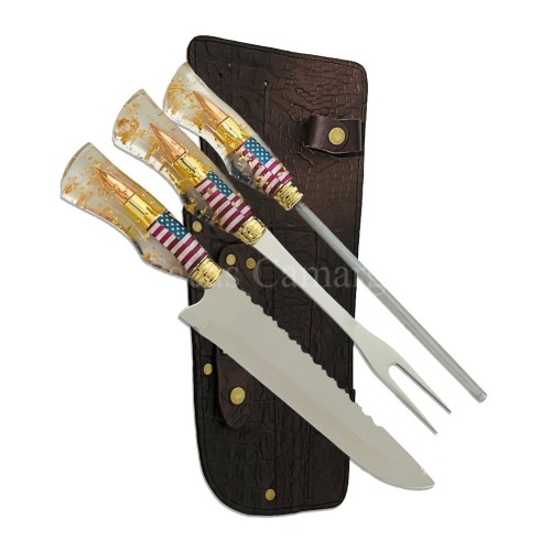 Kit Triplo Faca + Chaira + Garfo Aço Inox 3mm Cabo Resina Bala .50 Bandeira Do Estados Unidos Kit Triplo Faca + Chaira + Garfo Aço Inox 3mm Cabo Resina Bala .50 Bandeira Do Estados Unidos
